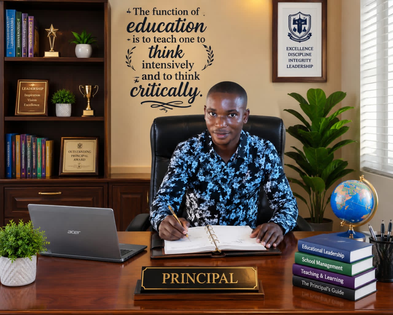 Flora Field College principal at his desk